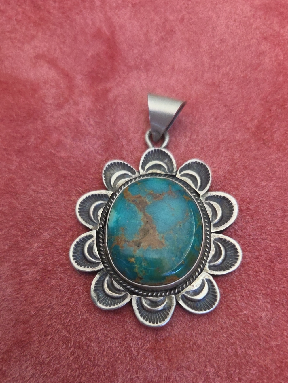 R. Martinez Turquoise Oval Flower-Frame Pendant in Silver